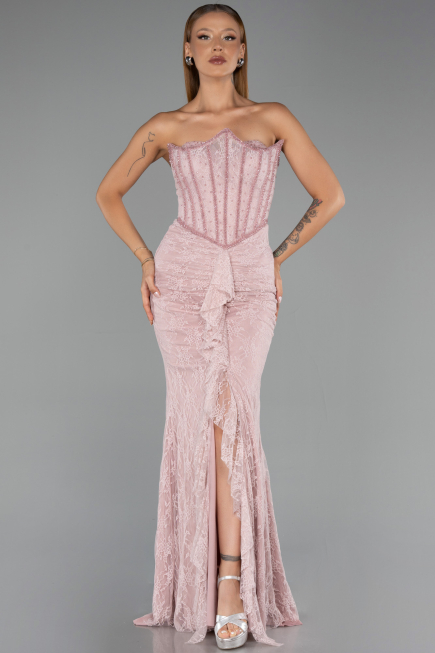Robe de Soirée Longue Dantelle Poudre ABU6419