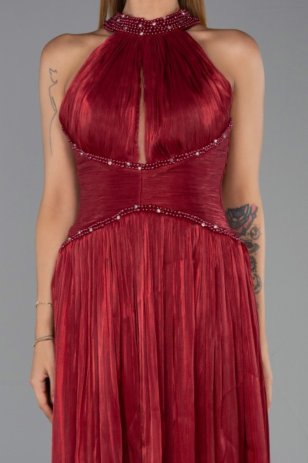 Robe de Soirée Longue Mousseline Rouge Bordeaux ABU6437