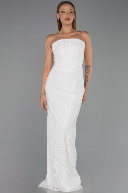 Robe de Soirée Longue Dantelle Blanc ABU6438