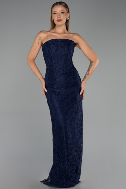 Robe de Soirée Longue Dantelle Bleu Marine ABU6438