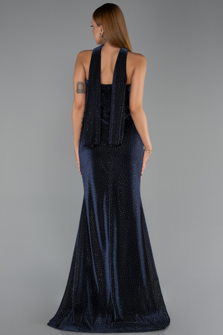 Robe de Soirée Longue Perlé Bleu Marine ABU6440