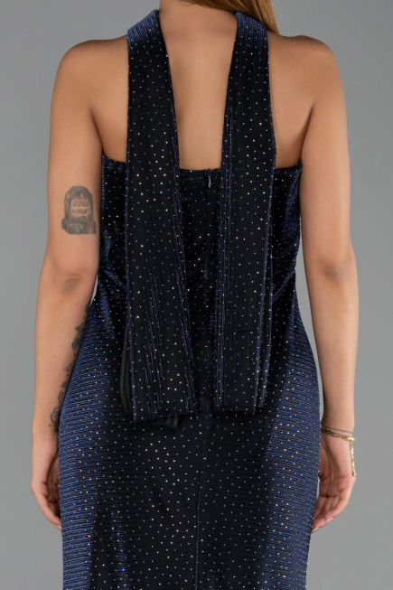 Robe de Soirée Longue Perlé Bleu Marine ABU6440
