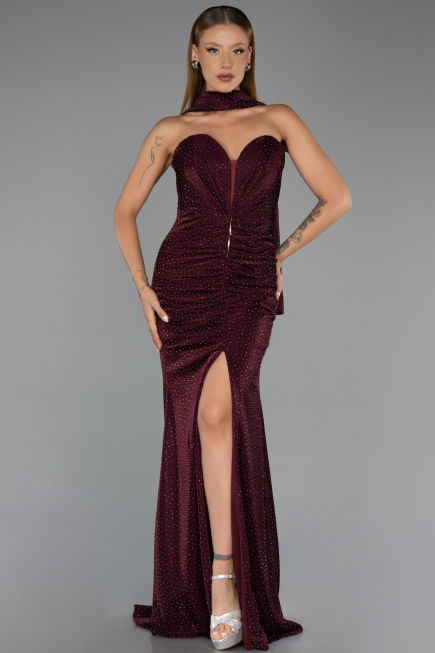 Robe de Soirée Longue Perlé Couleur Cerise ABU6440
