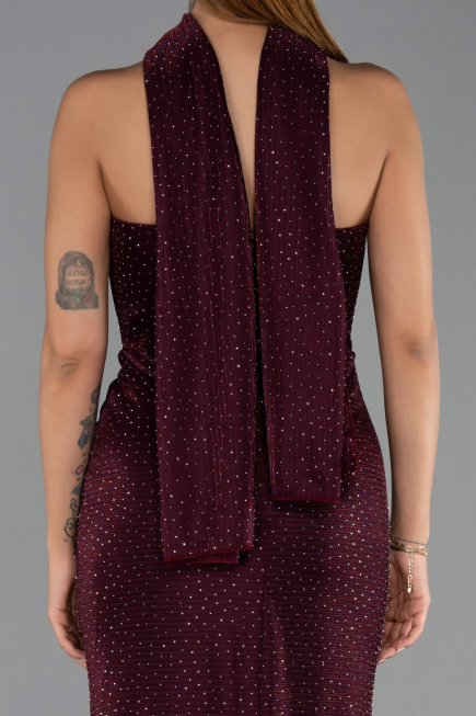 Robe de Soirée Longue Perlé Couleur Cerise ABU6440