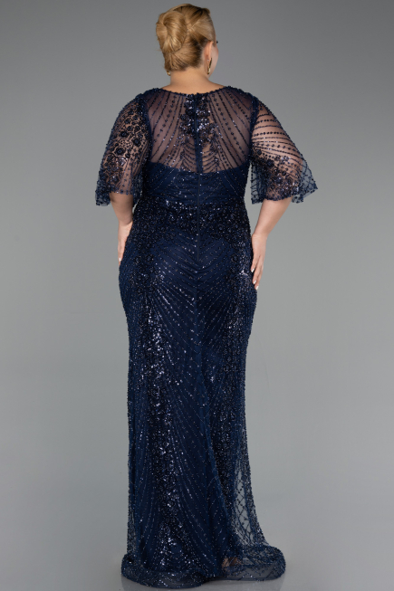 Robe de Soirée Grande Taille Longue Perlé Bleu Marine ABU6389