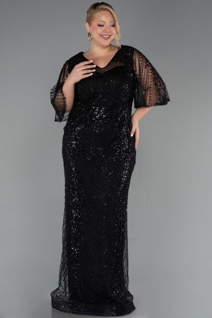 Robe de Soirée Grande Taille Longue Perlé Noir ABU6389
