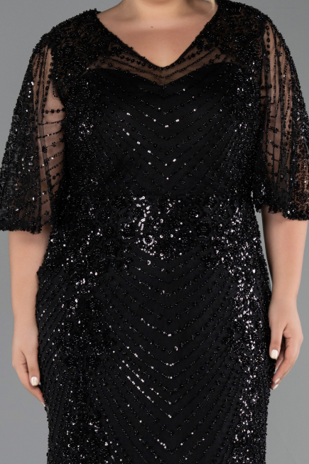 Robe de Soirée Grande Taille Longue Perlé Noir ABU6389