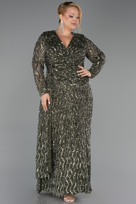 Robe De Soirée Grande Taille Longue Squameuse Kaki ABU6488