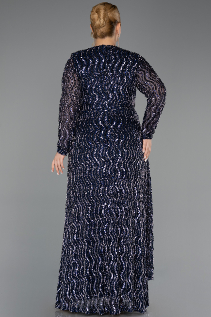 Robe De Soirée Grande Taille Longue Squameuse Bleu Marine ABU6488