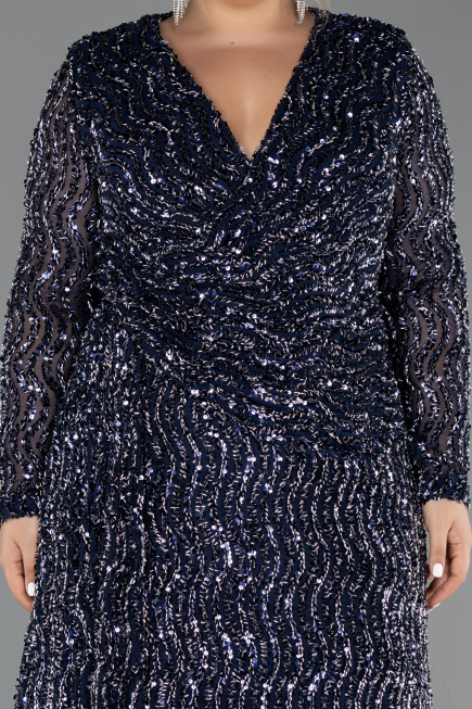 Robe De Soirée Grande Taille Longue Squameuse Bleu Marine ABU6488