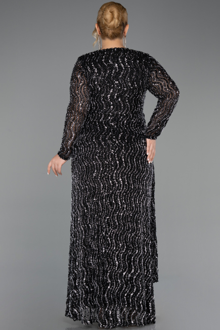 Robe De Soirée Grande Taille Longue Squameuse Noir-Argent ABU6488