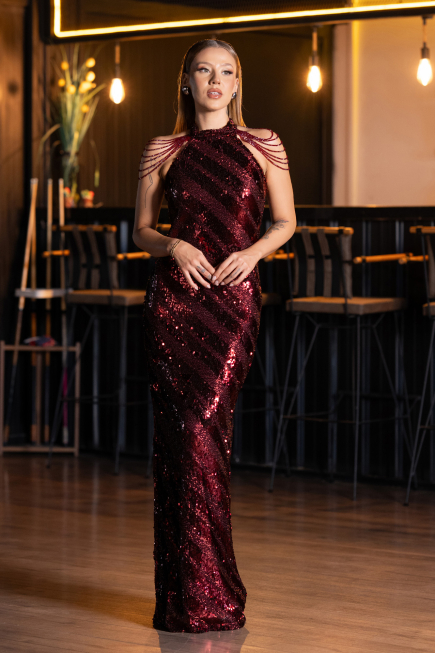 Robe de Soirée Longue Squameuse Rouge Bordeaux ABU6417