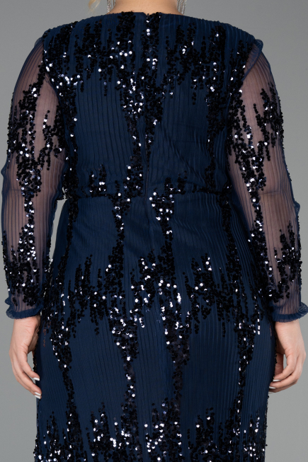 Robe De Soirée Grande Taille Longue Squameuse Bleu Marine ABU6493