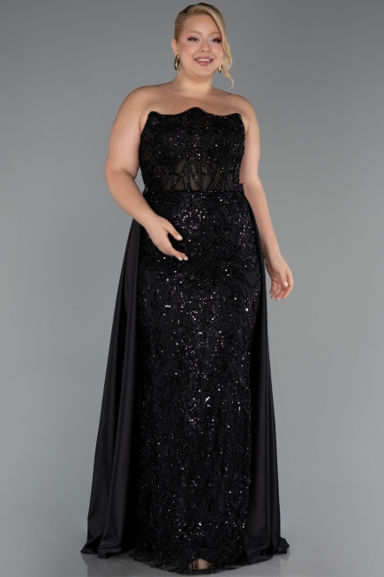 Robe De Soirée Grande Taille Longue Dantelle Noir ABU6395