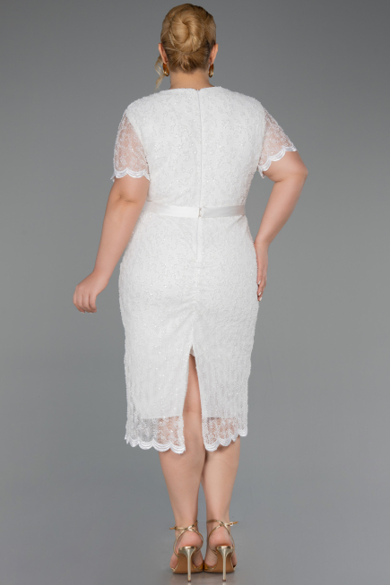 Robe De Invitation Grande Taille Midi Dantelle Blanc ABK2673