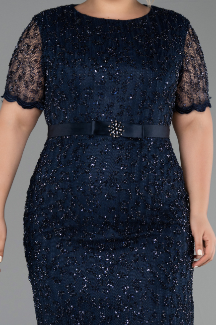 Robe De Invitation Grande Taille Midi Dantelle Bleu Marine ABK2673