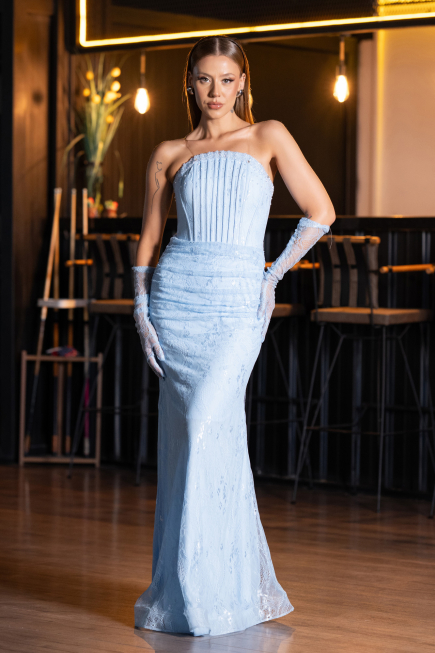 Robe Queue de Poisson Longue Dantelle Bleu clair ABU6256