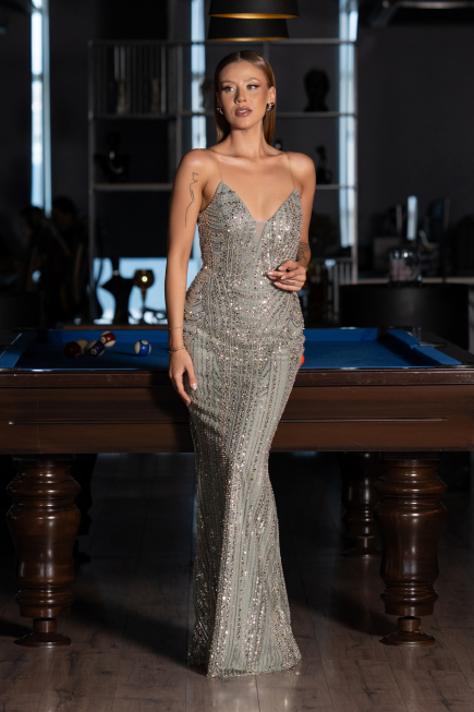 Robe de Soirée Longue Perlé Menthe ABU6433