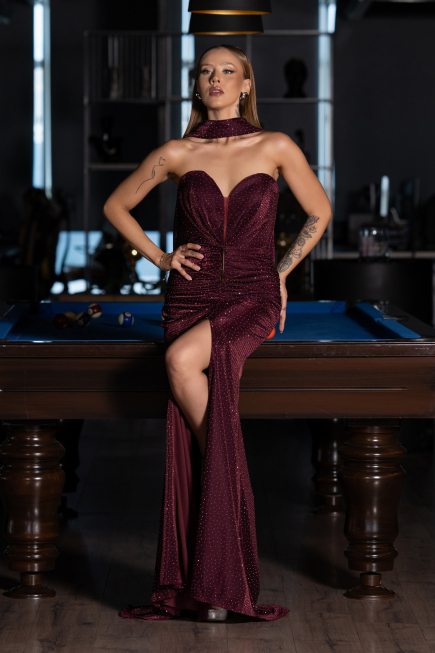 Robe de Soirée Longue Perlé Couleur Cerise ABU6440