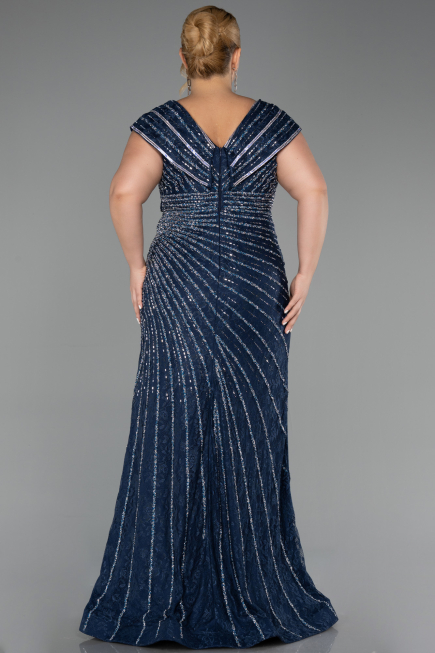 Robe De Fiançailles Grande Taille Longue Perlé Bleu Marine ABU5444