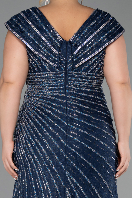 Robe De Fiançailles Grande Taille Longue Perlé Bleu Marine ABU5444