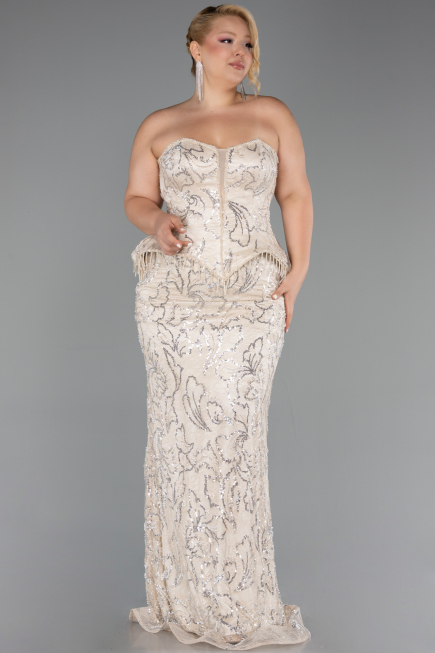 Robe Grande Taille Longue Perlé Beige ABU6379