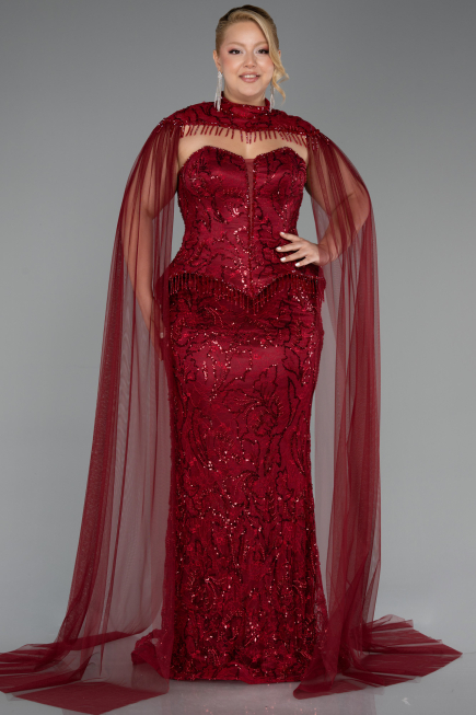 Robe Grande Taille Longue Perlé Rouge Bordeaux ABU6379