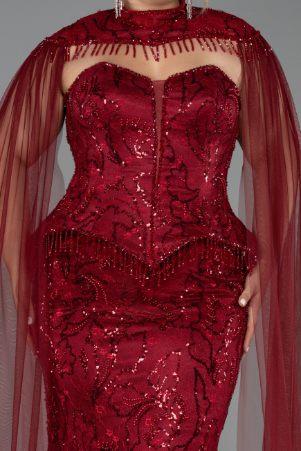 Robe Grande Taille Longue Perlé Rouge Bordeaux ABU6379