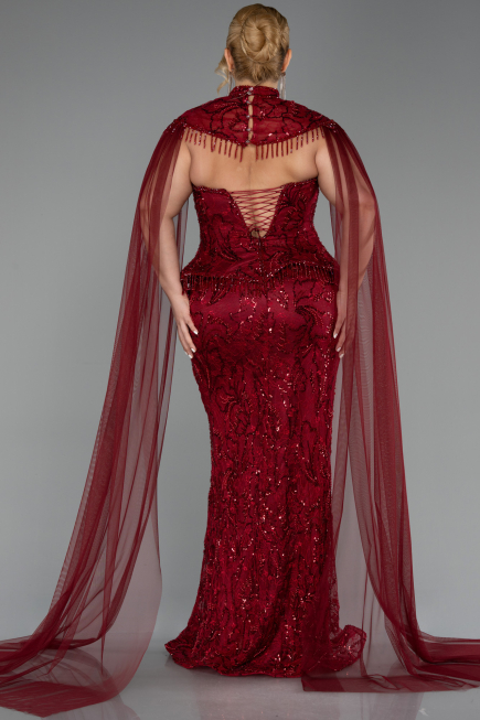 Robe Grande Taille Longue Perlé Rouge Bordeaux ABU6379