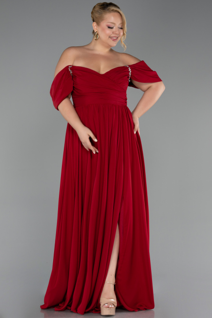Robe De Soirée Grande Taille Mousseline Longue Rouge Bordeaux ABU3738