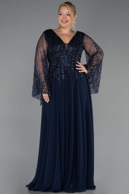Robe de Soirée Grande Taille Longue Mousseline Bleu Marine ABU6434