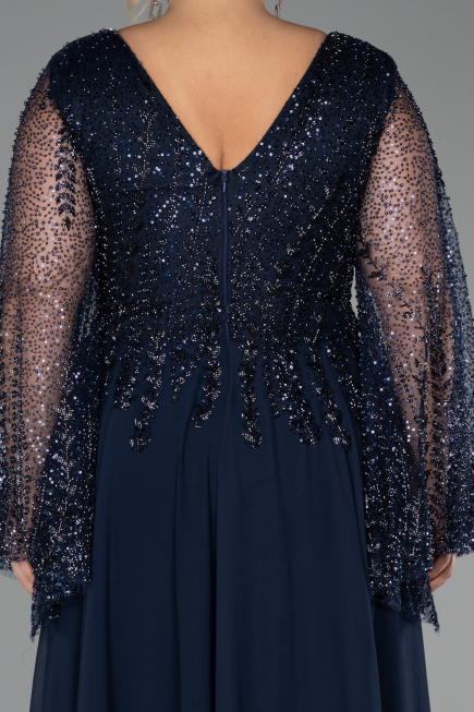 Robe de Soirée Grande Taille Longue Mousseline Bleu Marine ABU6434