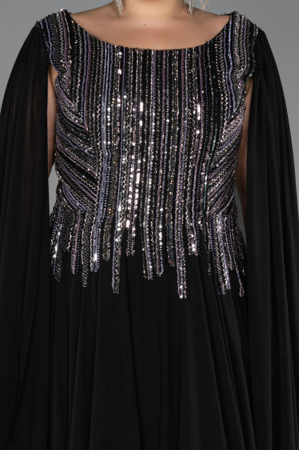 Robe De Soirée Grande Taille Longue Mousseline Noir ABU6435
