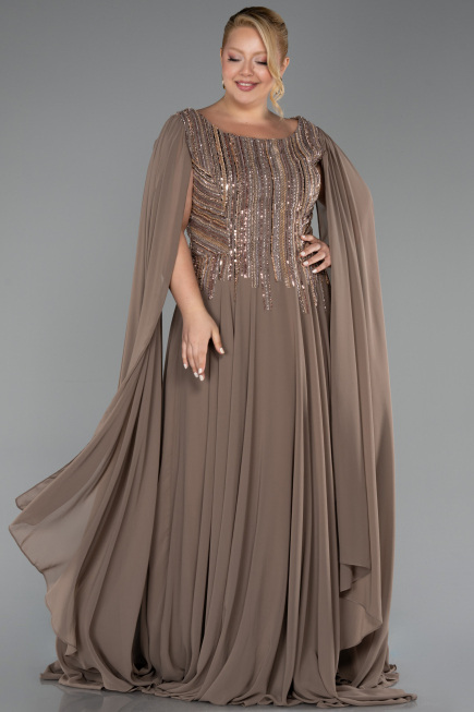 Robe De Soirée Grande Taille Longue Mousseline Vison ABU6435