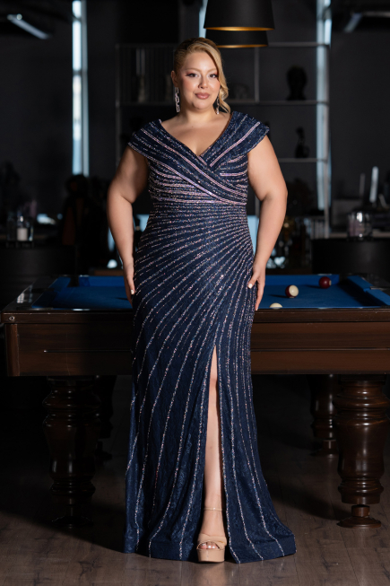 Robe De Fiançailles Grande Taille Longue Perlé Bleu Marine ABU5444