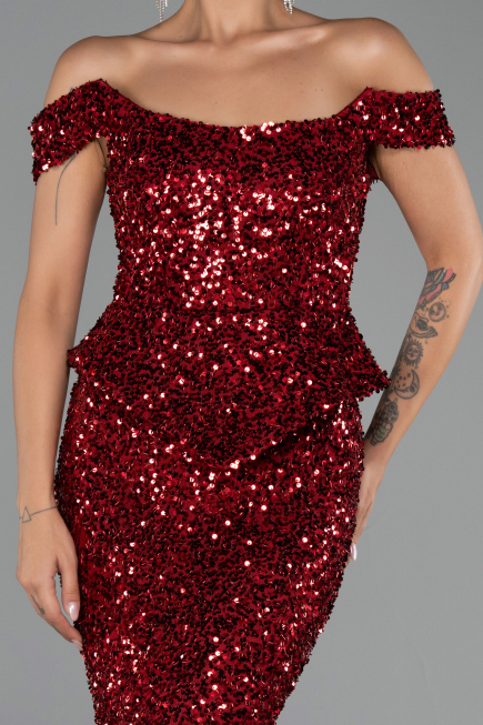 Robe de Soirée Longue Squameuse Rouge Bordeaux ABU6359