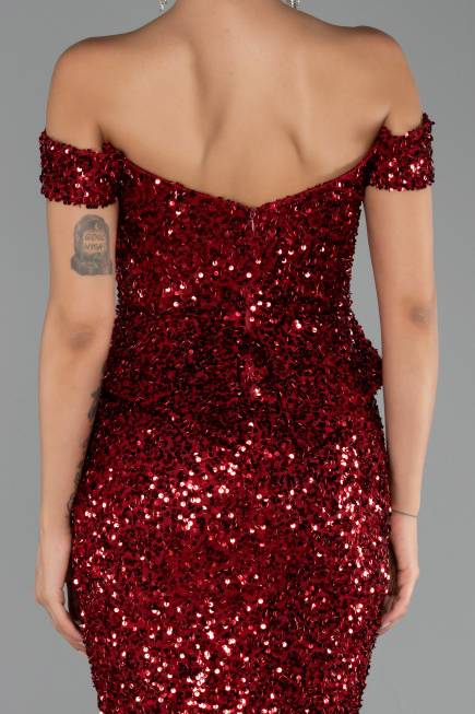 Robe de Soirée Longue Squameuse Rouge Bordeaux ABU6359