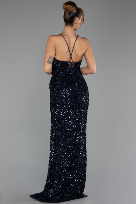 Robe de Soirée Longue Squameuse Bleu Marine ABU6498