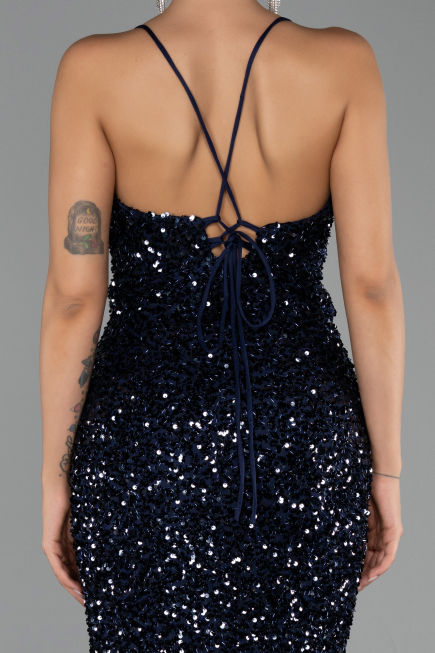Robe de Soirée Longue Squameuse Bleu Marine ABU6498