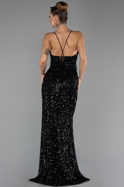 Robe de Soirée Longue Squameuse Noir ABU6498