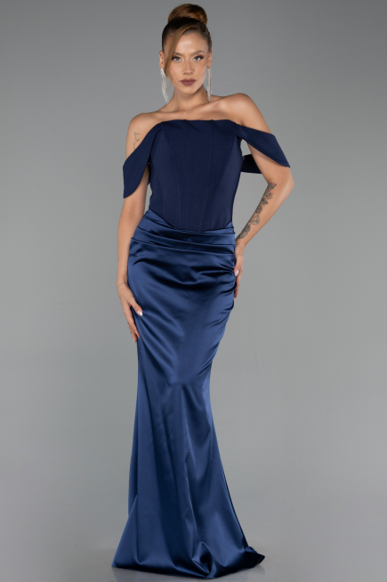 Robe Queue de Poisson Longue Satin Bleu Marine ABU6525