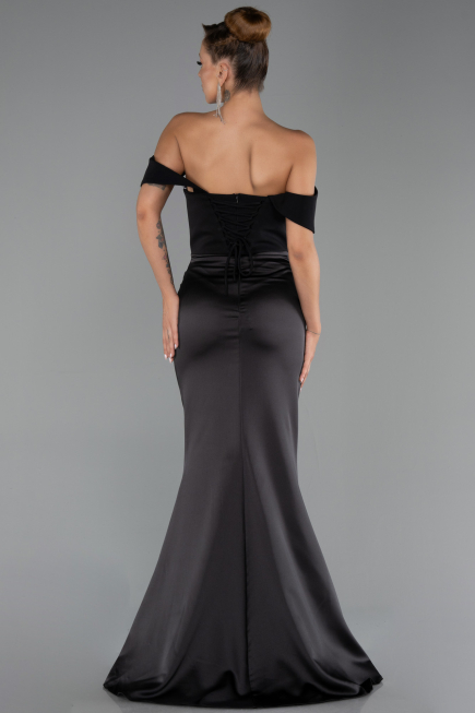 Robe Queue de Poisson Longue Satin Noir ABU6525