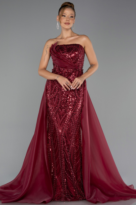 Robe de Soirée Longue Perlé Rouge Bordeaux ABU5511