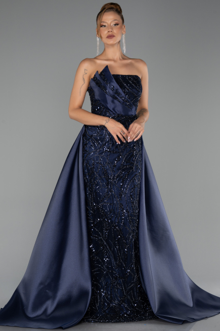 Robe de Soirée Longue Perlé Bleu Marine ABU5511