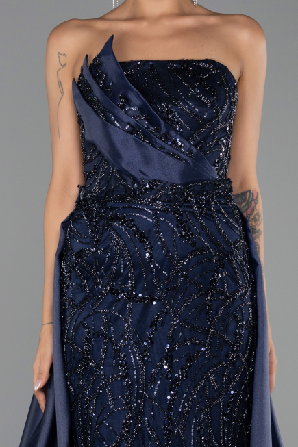 Robe de Soirée Longue Perlé Bleu Marine ABU5511