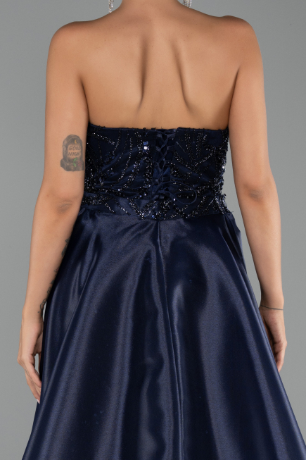 Robe de Soirée Longue Perlé Bleu Marine ABU5511