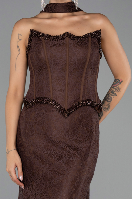 Robe de Soirée Longue Dantelle Brun ABU6487