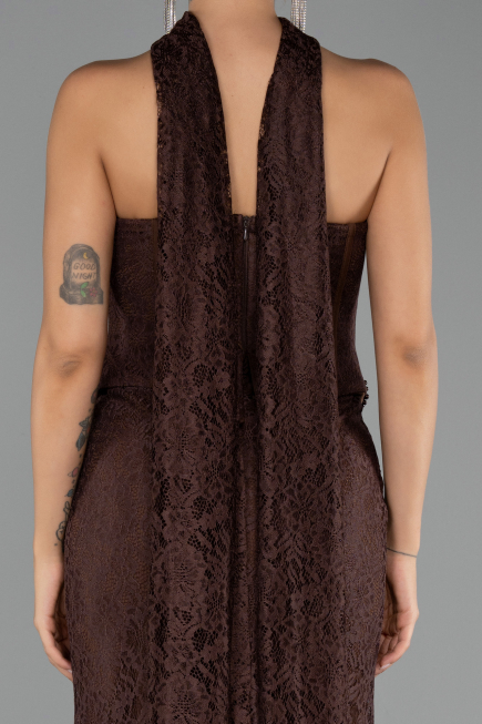 Robe de Soirée Longue Dantelle Brun ABU6487