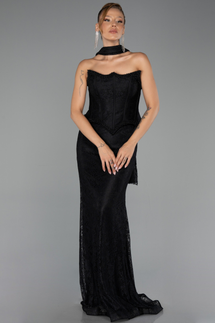 Robe de Soirée Longue Dantelle Noir ABU6487
