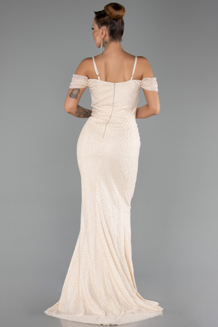 Robe de Soirée Longue Dantelle Beige ABU6085